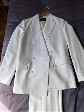 Cream Suite Double-Breasted Blazer & Straight Leg Pants